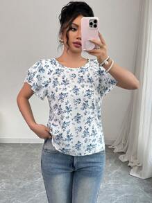 Elenzga Women's Round Neck Ditsy Floral Double-Layer Ruffle Trim Blouse - Blue - View 5