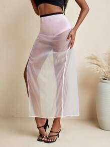 Ameri Pink Solid Color Organza High Slit Sexy Long Skirt Summer Beach Wear - Pink - View 6