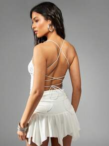 MISSGUIDED Beaded Embellished Top Lace-Up Back Summer Festival Party Club Dance Special Occasion Adjustable Straps - White - View 2