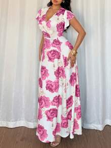 SHEIN VCAY CURVE Robe maxi à col V à volants avec imprimé floral pour grandes tailles, printemps et été - Prune - Voir 3