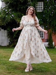 Vestido de talla grande de mujer con estampado floral, manga corta abultada, elegante estilo vintage de palacio, cintura marcada, patchwork y dobladillo asimétrico - Multicolor - Ver 5
