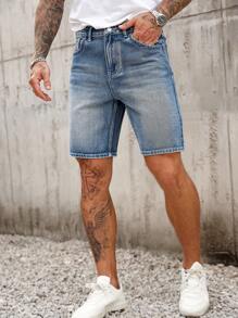 Manfinity Homme 男士深蓝色水洗牛仔休闲直筒舒适短裤 - 中等水洗藍 - 查看 5