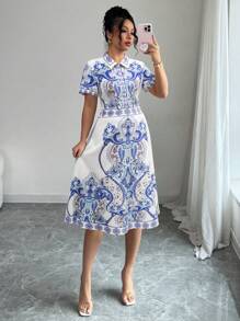 Elenzga Váy chữ A in họa tiết thanh lịch cho nữ tay ngắn - Xanh và trắng - Xem 5