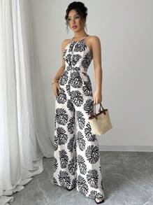 Elenzga 女士印花束腰打结阔腿连体裤，优雅度假、日常通勤之选 - 彩色 - 查看 3