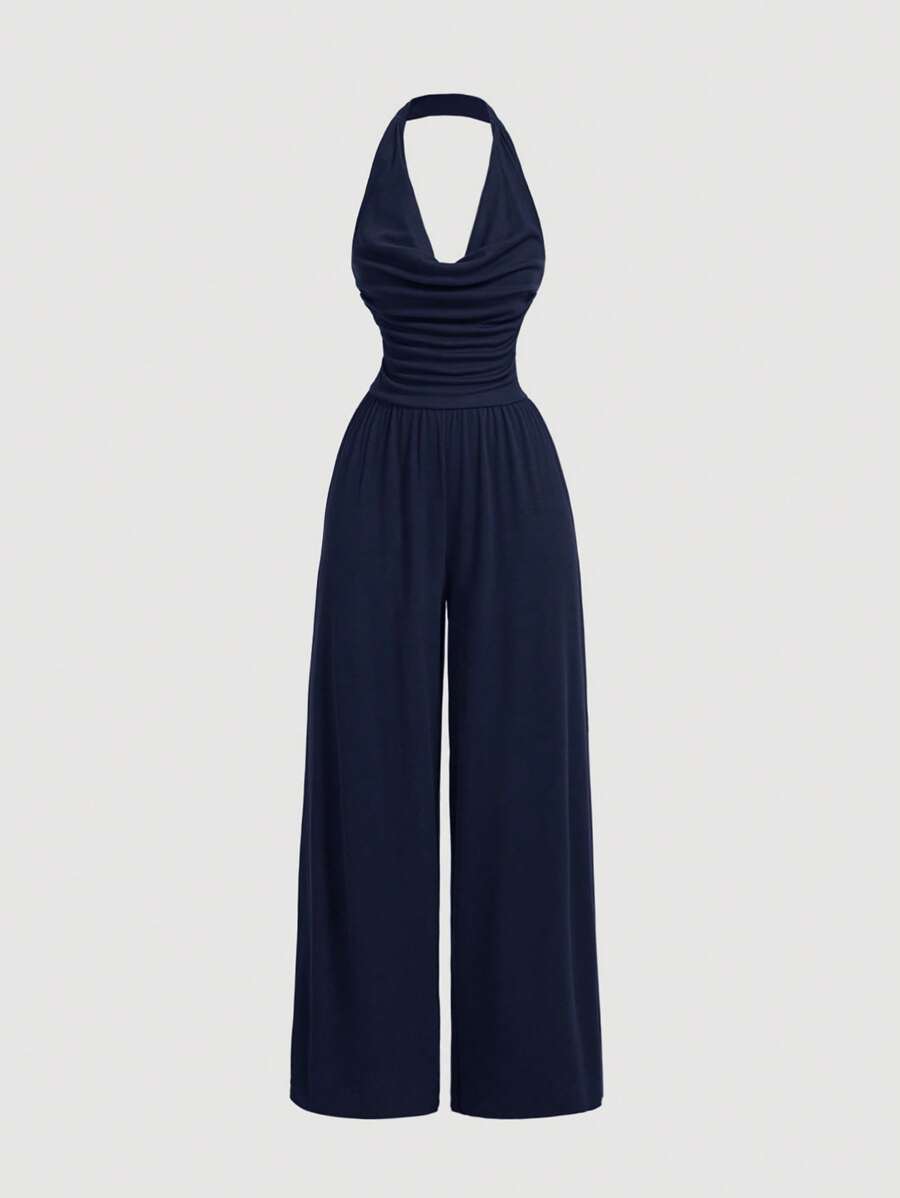 SHEIN MOD Draped Neck Loose Waist Gathered Wide Leg Jumpsuit - Navy Blue - View 1
