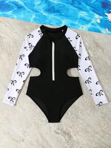 Tween Girls Cute Bow & Printed One-Piece Swimsuit, Fashionable Modest Style, Suitable For Beach, Swimming, Vacation, Summer - Black and White - View 5