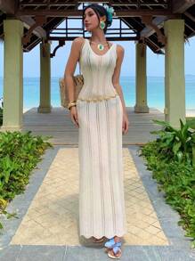 DAZY Vestido de suéter de mujer con diseño calado para vacaciones en la playa, vestido de suéter de mujer estilo Y2K - Albaricoque - Ver 8