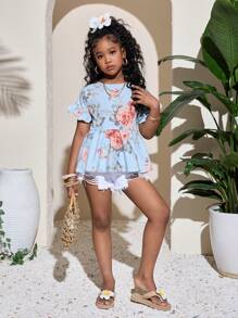 SHEIN SLAYR Tween Girl Tween Girl Tropical Print Flounce Sleeve Peplum Blouse - Baby Blue - View 5