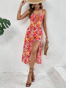 SHEIN Frenchy Women's Spaghetti Strap Floral Print Ruched Chest Slit Thigh Sleeveless Summer Dress  Elegant Dress Date Night Dress Party Flower Vacation Beach Holiday Resort