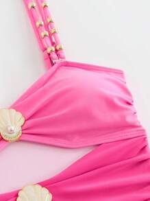 Swim Oasis Plus Size Women 2pcs Colorblock Minimalist Pink One-Piece Swimsuit With Mesh Maxi Skirt, Casual Summer Ibiza Outfit - Multicolor - View 8