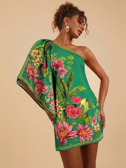 Travachic Vestido mini con estampado floral, manga campana y un solo hombro para mujeres