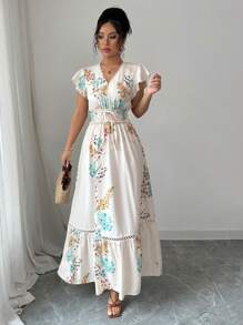 Elenzga Women's Spring/Summer Casual Vacation Apricot Floral Print Shirred Design Patchwork Ruffle Waist Cap Sleeve Maxi Dress - Apricot - View 6