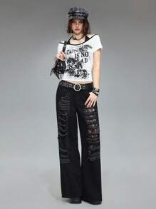 ROMWE Grunge Punk Áo thun tay ngắn liền mạch in hình mắt và chữ Graffiti Y2K cổ điển dành cho nữ - trắng - Xem 3