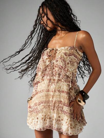 MISSGUIDED Boho Ruffle Mini Summer Dress With Tiered Flowy Design Cami Style Peasant Sundress Festival Party Vacation Holiday Beach Wear Pullover