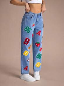 SHEIN EZwear 女式字母贴布直筒休闲日常牛仔裤 - 藍色 - 查看 1