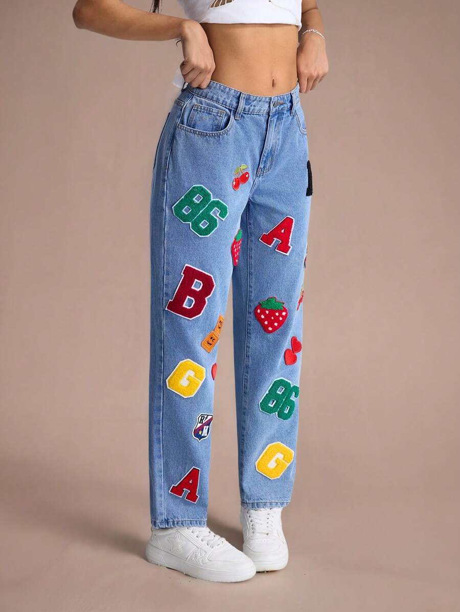 SHEIN EZwear 女式字母贴布直筒休闲日常牛仔裤 - 藍色 - 查看 1