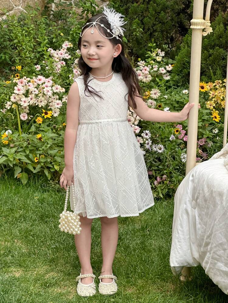 Young Girls Round Neck Tulle Party & Birthday Dress, Sleeveless Cute Event Outfit,Girls Summer Outfits