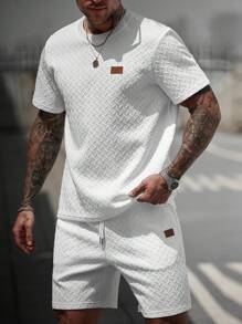 Manfinity CasualCool Men's V-Neck Ribbed Knit T-Shirt + Drawstring Shorts Set, Men 2 Pieces Outfits Summer - White - View 1