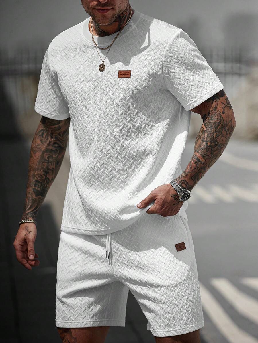Manfinity CasualCool Men's V-Neck Ribbed Knit T-Shirt + Drawstring Shorts Set, Men 2 Pieces Outfits Summer - White - View 1