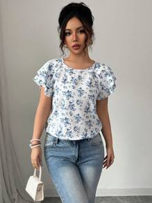 Elenzga Women's Round Neck Ditsy Floral Double-Layer Ruffle Trim Blouse - Blue - View 3