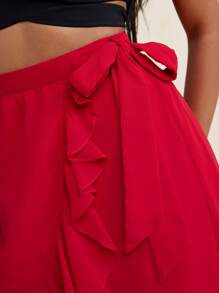 BELANGE HANDMADE Red Solid Color Crepe Wrap Belt Waist Ruffles Midi Skirt Women Beach Vacation Holiday