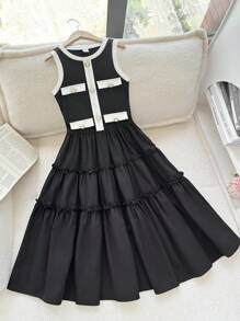 SHEIN Tween Girls Casual Round Neck Short Sleeve Bow Decor Straight Dress