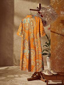 EMERY ROSE Vestido-camisa plus size feminino casual com estampa geométrica circular, adequado para passeios casuais diários/viagens de férias, gola de camisa, laranja tropical do sudoeste