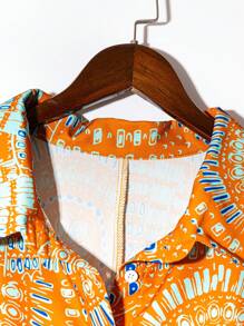 EMERY ROSE Vestido-camisa plus size feminino casual com estampa geométrica circular, adequado para passeios casuais diários/viagens de férias, gola de camisa, laranja tropical do sudoeste