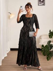 SHEIN Clasi Plus Size Romantic And Elegant Square Collar Side Strap Design Black Lace Dress,Lace Dress - Black - View 8