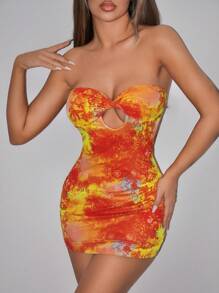 SHEIN ICON 女士夏季黄色和橙色外出派对西部女士波西米亚海滩女士嬉皮佩斯利印花返校节性感扎染扭纹镂空紧身迷你吊带裙 - 彩色 - 查看 3