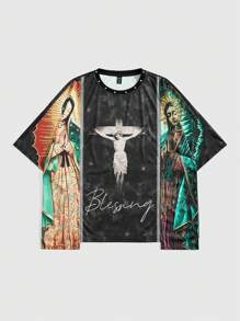 ROMWE MEN Street Life Men's Jesus Religious Printed Splice Streetwear Print Short Sleeve T-Shirt, Suitable For Everyday Wear, Spring/Summer - Black - View 1