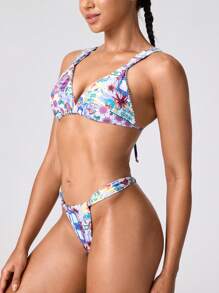 SHEIN Swim Women's Swimsuit Set, Spaghetti Strap Swimsuit And Triangle Bikini Bottom For Summer Beach Vacation - Multicolor - View 4