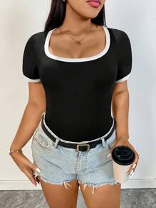 SHEIN Essnce Damen Große Größen Colour-Blocking T-Shirts, Kurzarm Tops, Sommer Damen Bekleidung Sommer Tops Sommer Outfits für Frauen Party Oberteile Damen Süße Sommer Tops Rave Top