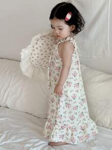 Dazy Kids 女婴全身印花无袖宽松中长款家居服度假装 - 米色 - 查看 7