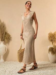 Bóhologie Vestido de punto tipo cover up para el verano con escote en V profundo, calado, ganchillo, bordado tono sobre tono y ajuste ceñido, con estilo bohemio de vacaciones