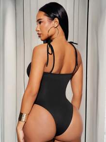 SHEIN SXY Summer Old Money BOHO Vacation Elegant Casual Everyday Wear With Black High-Stretch Knitted Suspenders Knotted Metal Trim Hollowed-Out Bodysuit