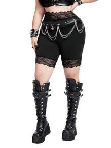 Whyspr Casual Punk Plus Size High Waisted Elastic Solid Color Contrast Lace Leggings - Black - View 5