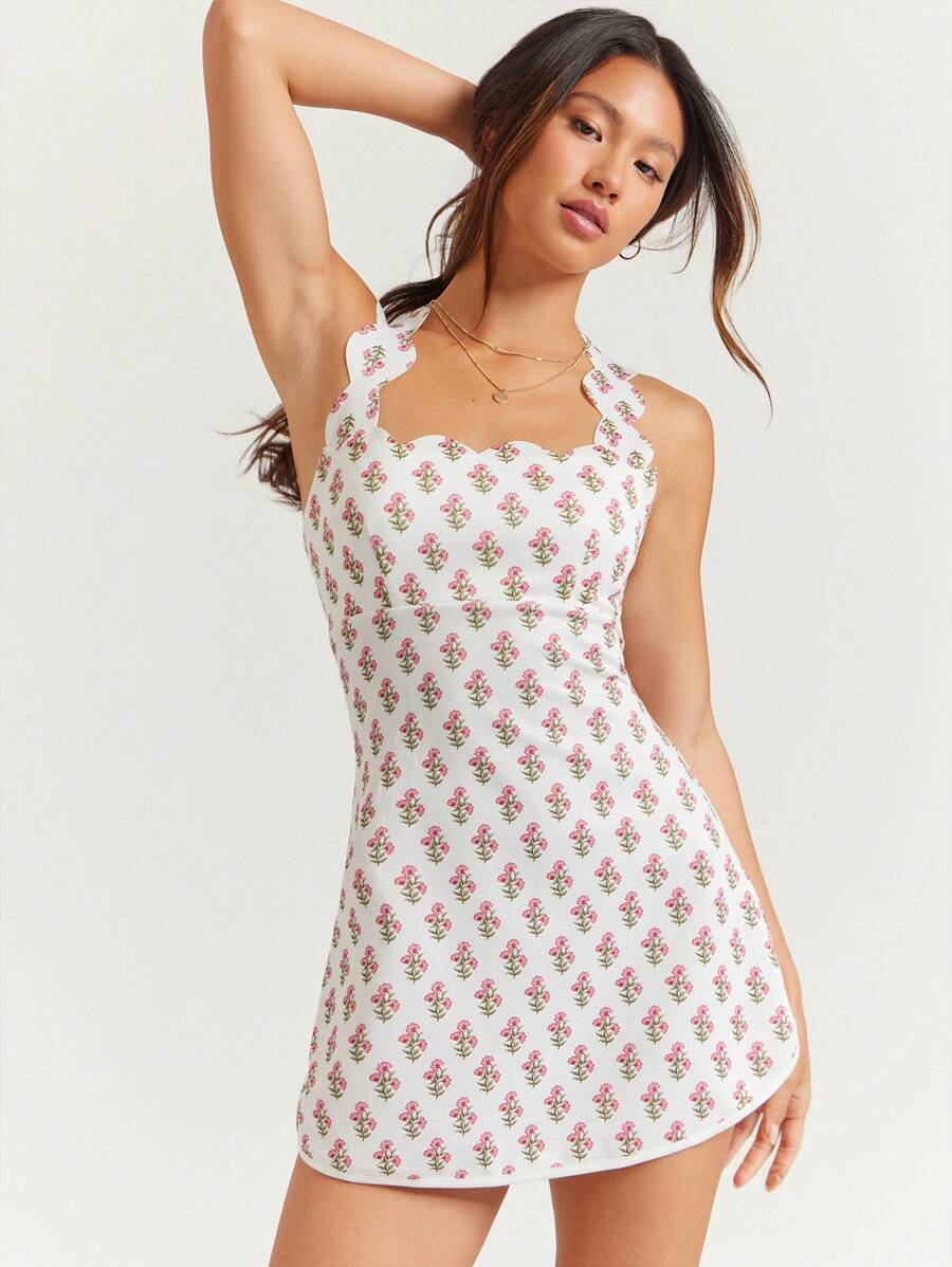 WESTFADE 运动合身无袖扇贝肩带 A 字形开叉下摆迷你连衣裙夏季休闲乡村西部可爱服装