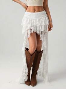 SHEIN ICON 嬉皮牛仔90年代超低腰蕾丝分层迷你前长后长裙