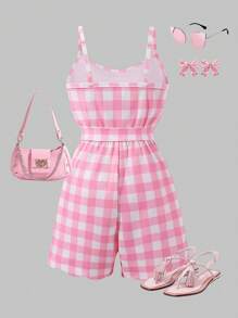 SHEIN Mono de cuadros rosas con estilo chic para niñas preadolescentes, adecuado para uso casual y playa