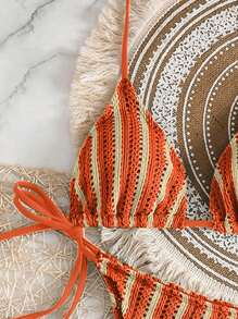 Swim Mod 3件套波西米亚风格钩编面料抽绳泳衣罩衫和比基尼套装