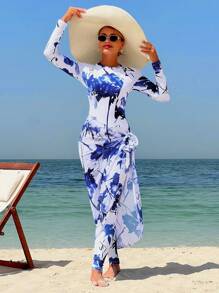 Swim Shayni Ladies' Conservative Beach Holiday Swimsuit With Blue & White Tie-Dye Print, Long Sleeves, Long Legs, With Mesh Skirt - Multicolor - View 1