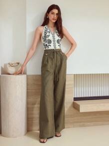 MOTF STUDIO PANTALONES RECTOS DE LINO CON CORDÓN