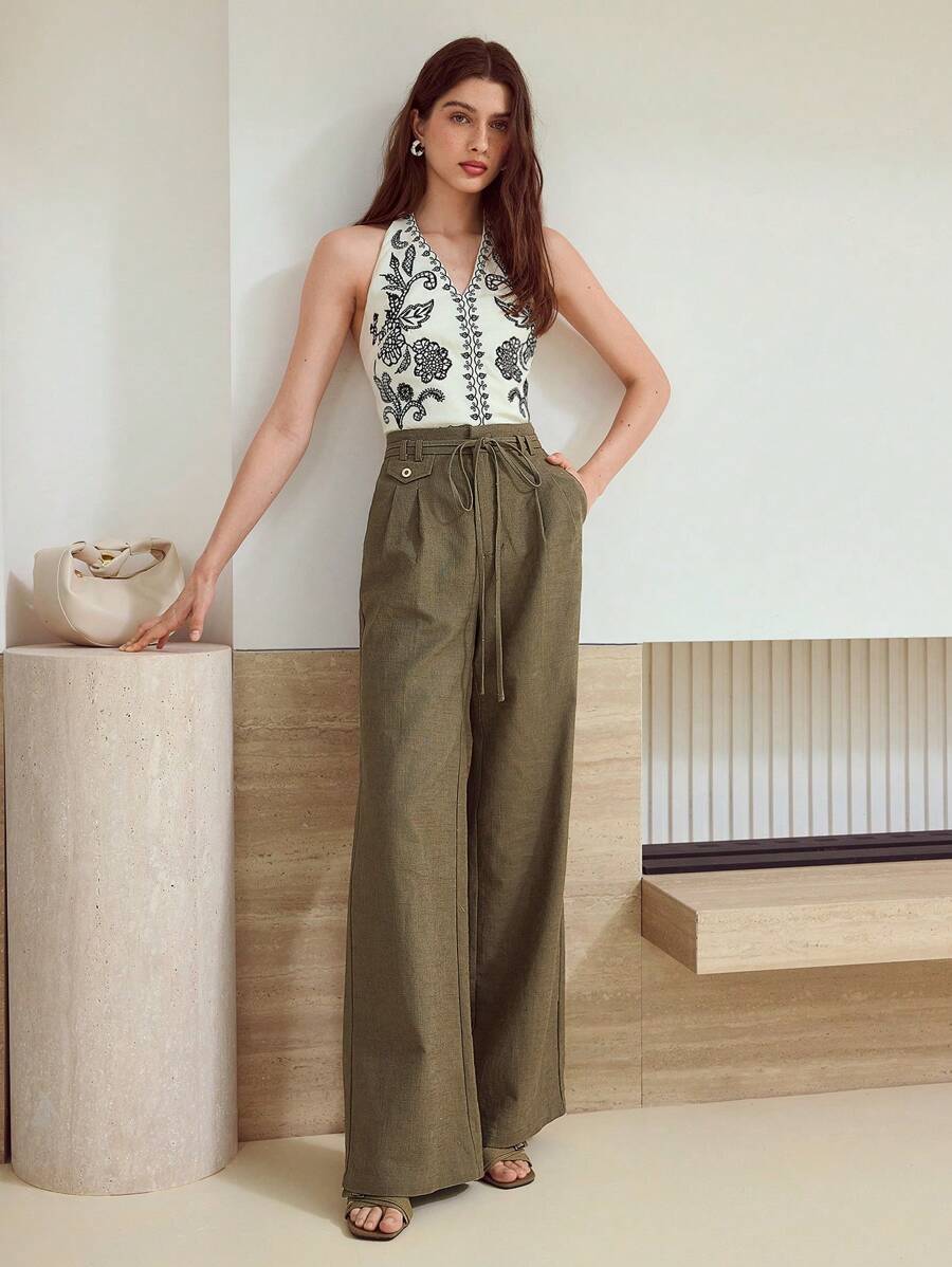 MOTF STUDIO PANTALONES RECTOS DE LINO CON CORDÓN