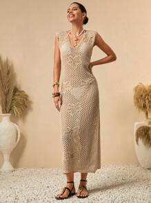 Bóhologie Vestido de punto tipo cover up para el verano con escote en V profundo, calado, ganchillo, bordado tono sobre tono y ajuste ceñido, con estilo bohemio de vacaciones