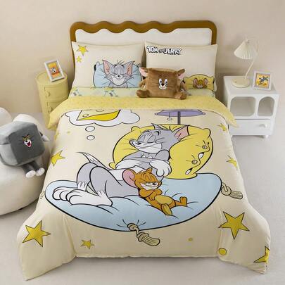 TOM & JERRY X SHEIN 3 件套可爱猫和老鼠图案双面印花、奶酪和星星设计床上用品套装，柔软舒适，适合不同尺寸的床