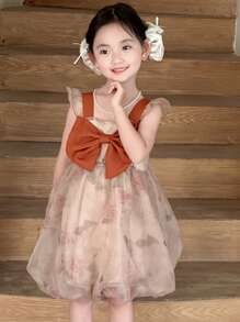 DAZY Young Girls Summer Square Neck Gradient Elegant Bowknot Decor Party Dress - Coffee - View 3