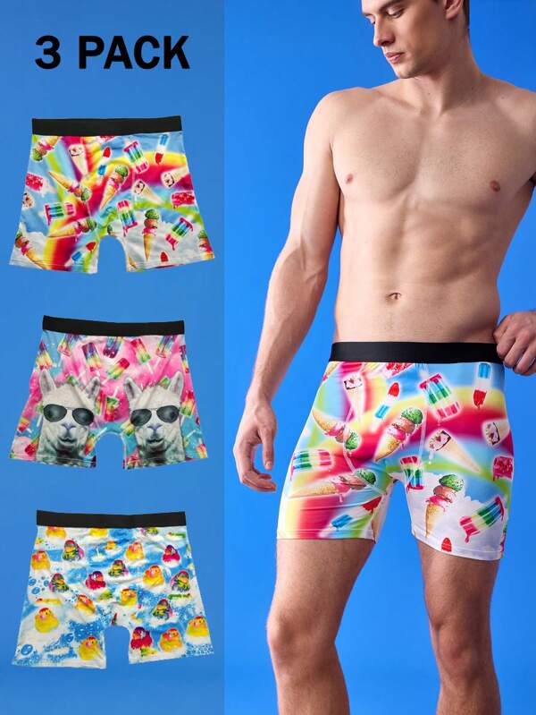 Happy Jammies 3 bucăți bărbați de lungime medie, amuzant, imprimate cu desene animate, înghețată colorată, acadele de gheață, curcubeu, alpaca, slip boxer cu rătușcă, vară