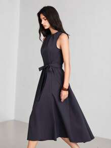LYSMO Tiefgraues Damen Kleid mit Kordelzug Taille - Grau - Übersicht 5