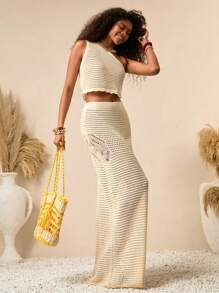 Bóhologie Conjunto de 2 piezas de ropa de playa con parte superior de punto de un solo hombro con detalles calados y falda maxi de punto hueca en estilo bohemio para usar en la playa o fiestas en la playa